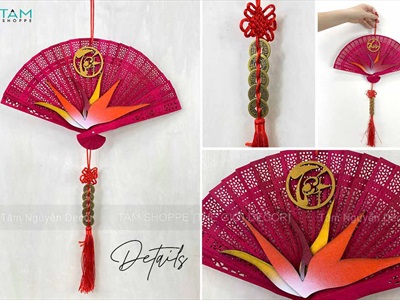 Vòng treo cửa Tết Quạt đỏ hoa Thiên Điểu [Đa dạng chữ - Quạt gỗ] QUAT-08